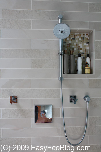 water efficient shower head, eco friendly, green tile